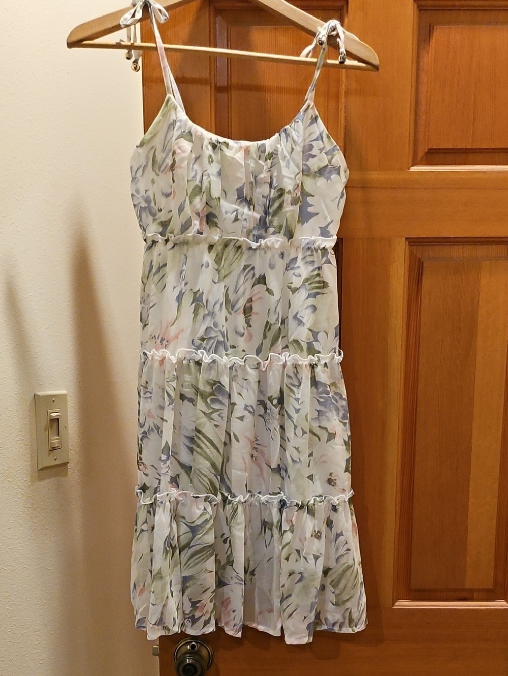 Light Floral Tiered Spaghetti Strap Dress - Pastel Green & Blue... Never Worn!